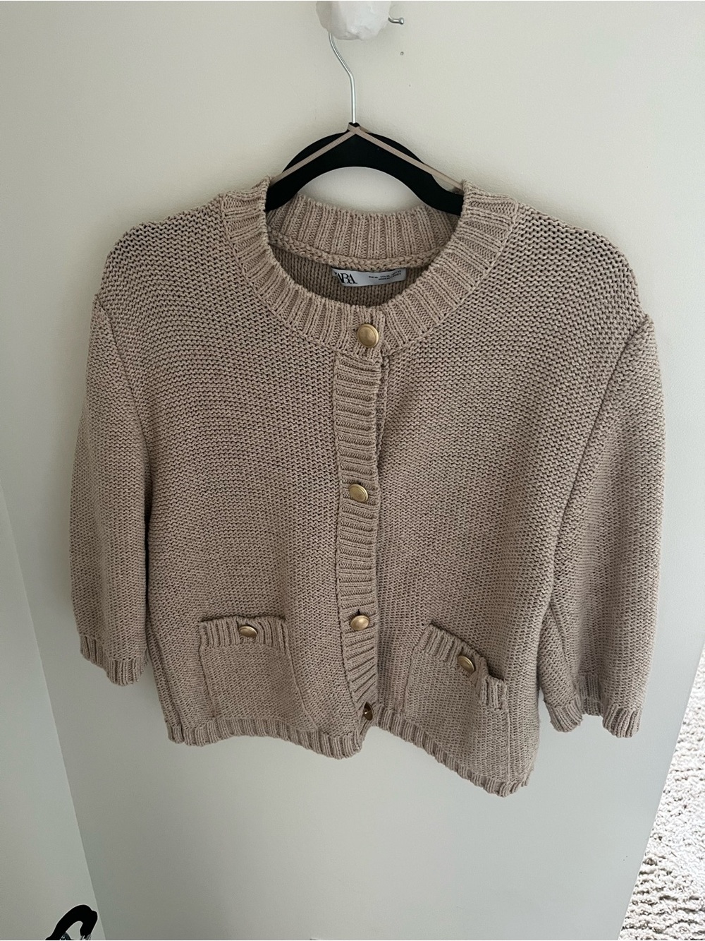 Zara Beige Knit Gold Button-Front Cardigan Sweater with 3/4 sleeves